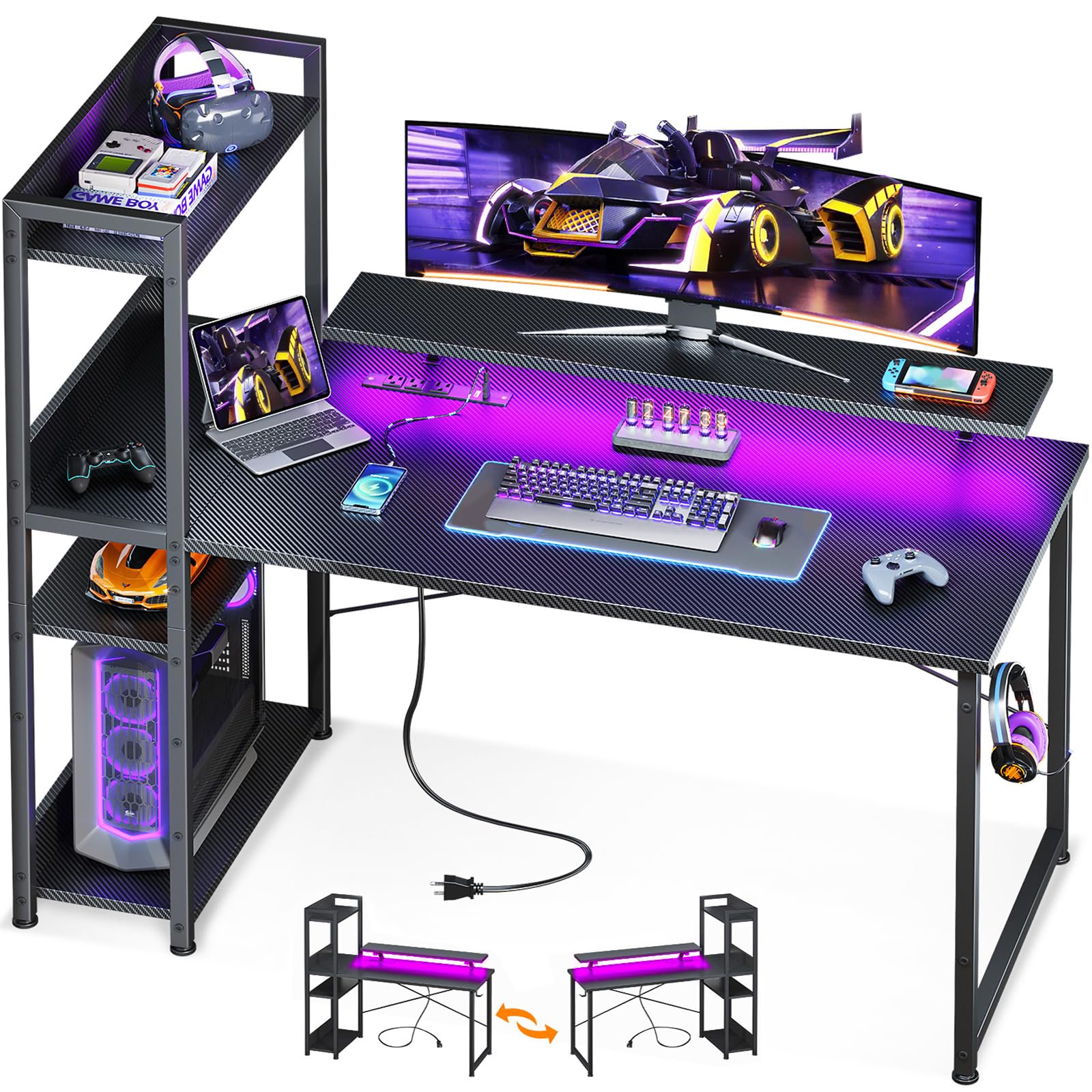 ODK Reversible Gaming Desk with Power Outlets and LED Lights 48 Inch Computer Desk with Storage Shelves and Monitor Stand Modern Writing Study Desk for Home Office Carbon Fiber Black