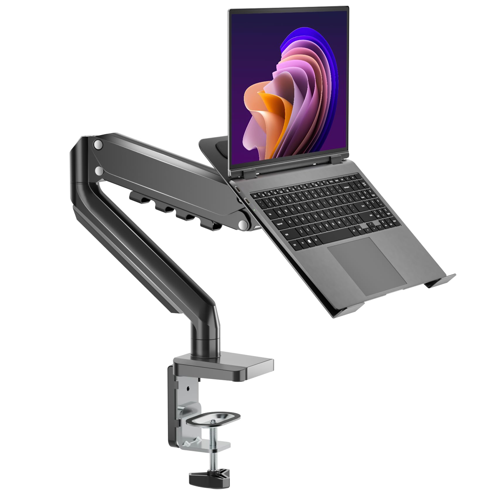 HIPPOFLEX Laptop Desk Mount with Gas Spring Arm 2 in 1 Laptop Monitor Stand for 12-17 inch Notebook and 13-32 inch Computer Screen Holds 3.3-17.6lbs with Adjustable Vented Tray Clamp/Grommet Base